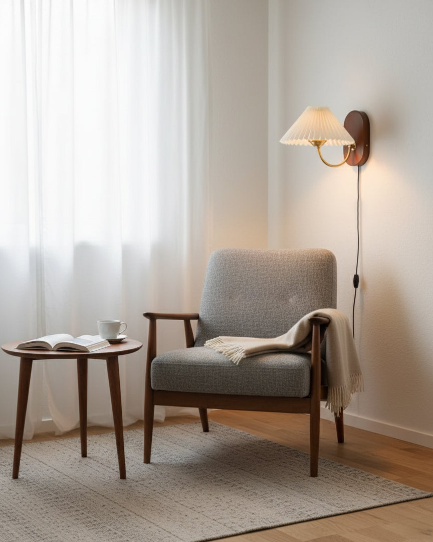 Louise Plug-In Wall Lamp with Walnut Base and Pleated Fabric Shade