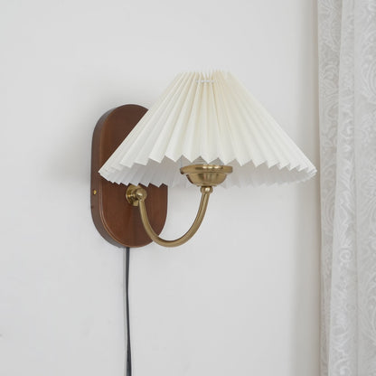 Louise Plug-In Wall Lamp with Walnut Base and Pleated Fabric Shade