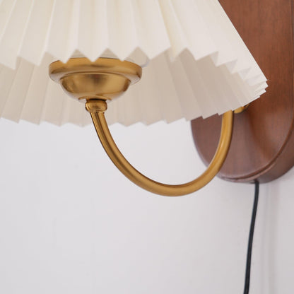 Louise Plug-In Wall Lamp with Walnut Base and Pleated Fabric Shade