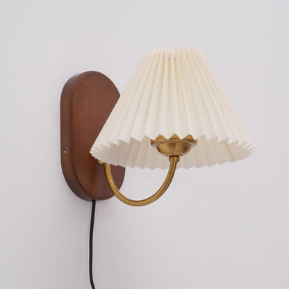 Louise Plug-In Wall Lamp with Walnut Base and Pleated Fabric Shade