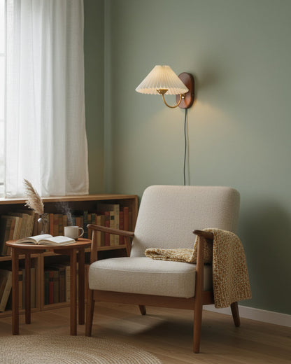 Louise Plug-In Wall Lamp with Walnut Base and Pleated Fabric Shade