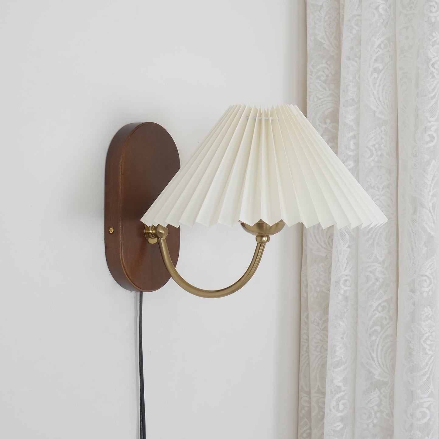 Louise Plug-In Wall Lamp with Walnut Base and Pleated Fabric Shade