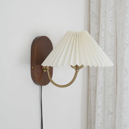 Louise Plug-In Wall Lamp with Walnut Base and Pleated Fabric Shade