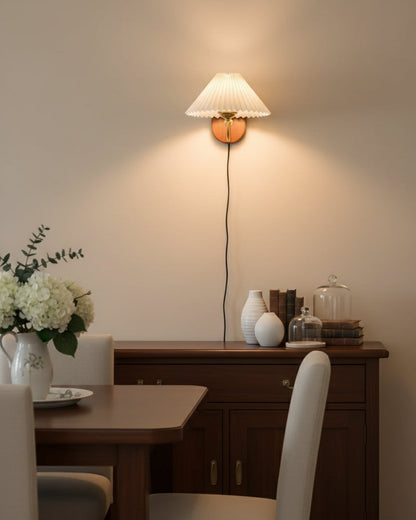 Louise Plug-In Wall Lamp with Walnut Base and Pleated Fabric Shade
