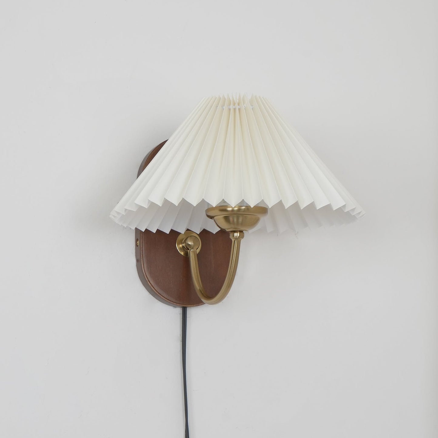 Louise Plug-In Wall Lamp with Walnut Base and Pleated Fabric Shade