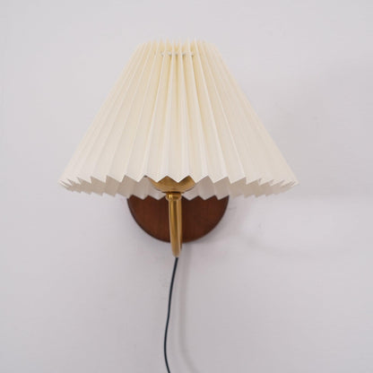 Louise Plug-In Wall Lamp with Walnut Base and Pleated Fabric Shade