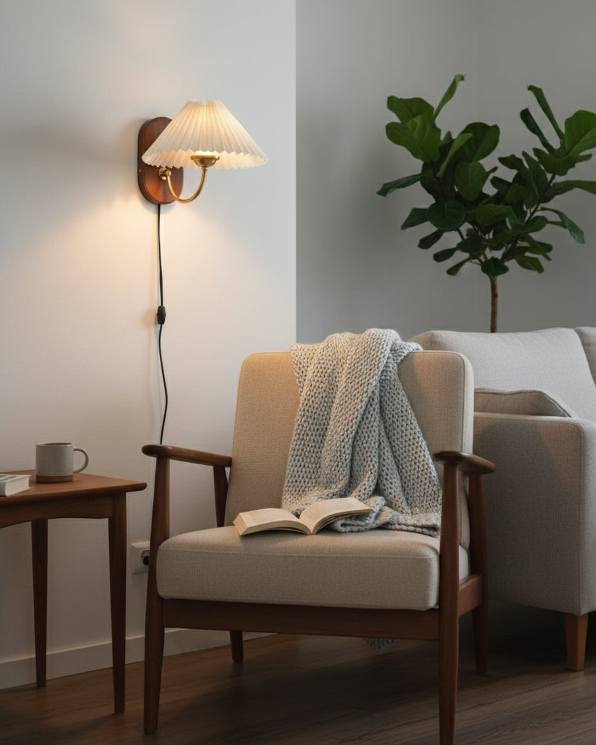 Louise Plug-In Wall Lamp with Walnut Base and Pleated Fabric Shade