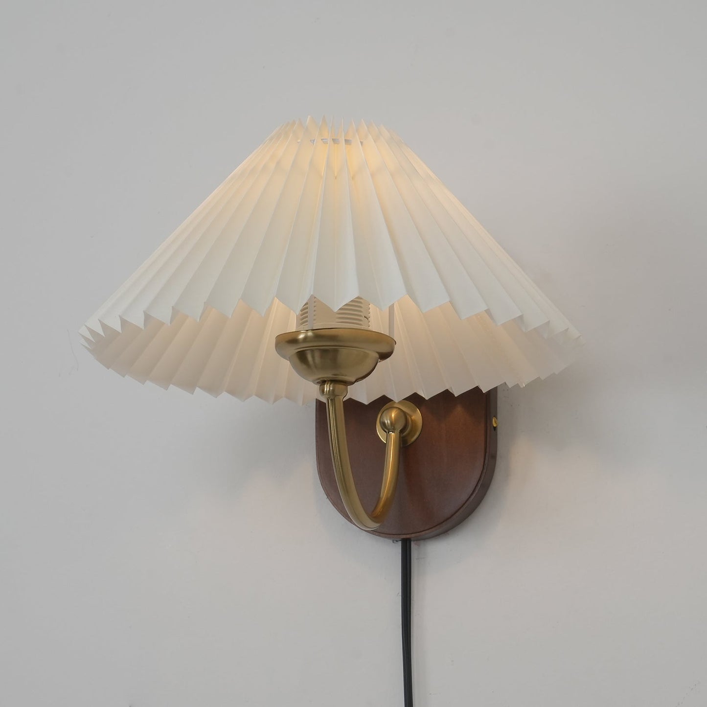 Louise Plug-In Wall Lamp with Walnut Base and Pleated Fabric Shade
