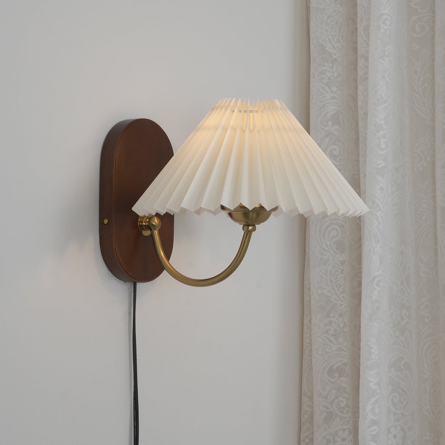 Louise Plug-In Wall Lamp with Walnut Base and Pleated Fabric Shade
