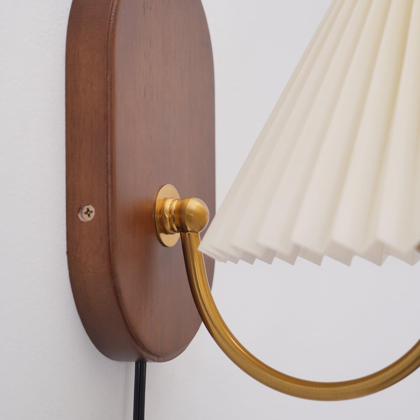 Louise Plug-In Wall Lamp with Walnut Base and Pleated Fabric Shade