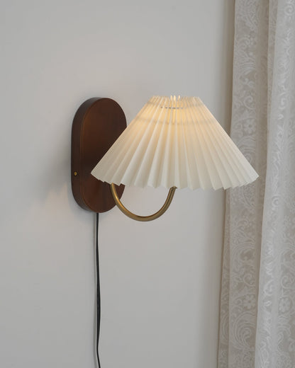 Louise Plug-In Wall Lamp with Walnut Base and Pleated Fabric Shade