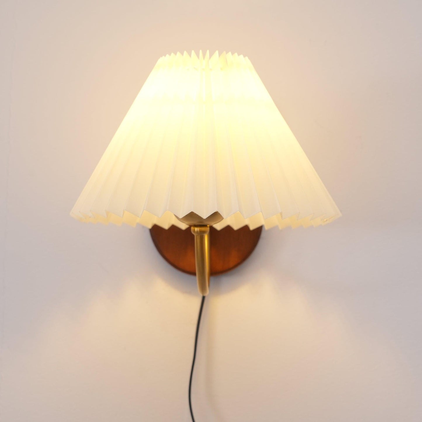 Louise Plug-In Wall Lamp with Walnut Base and Pleated Fabric Shade