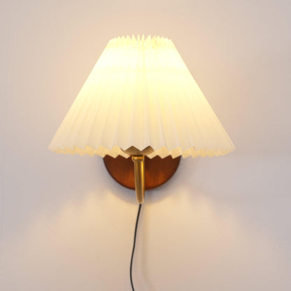 Louise Plug-In Wall Lamp with Walnut Base and Pleated Fabric Shade