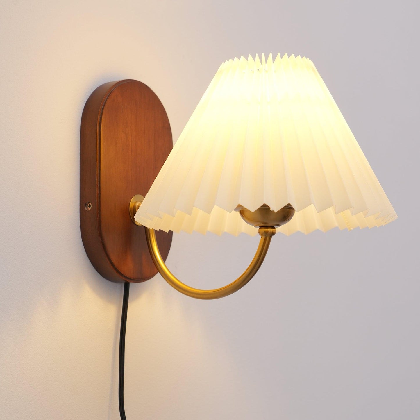 Louise Plug-In Wall Lamp with Walnut Base and Pleated Fabric Shade