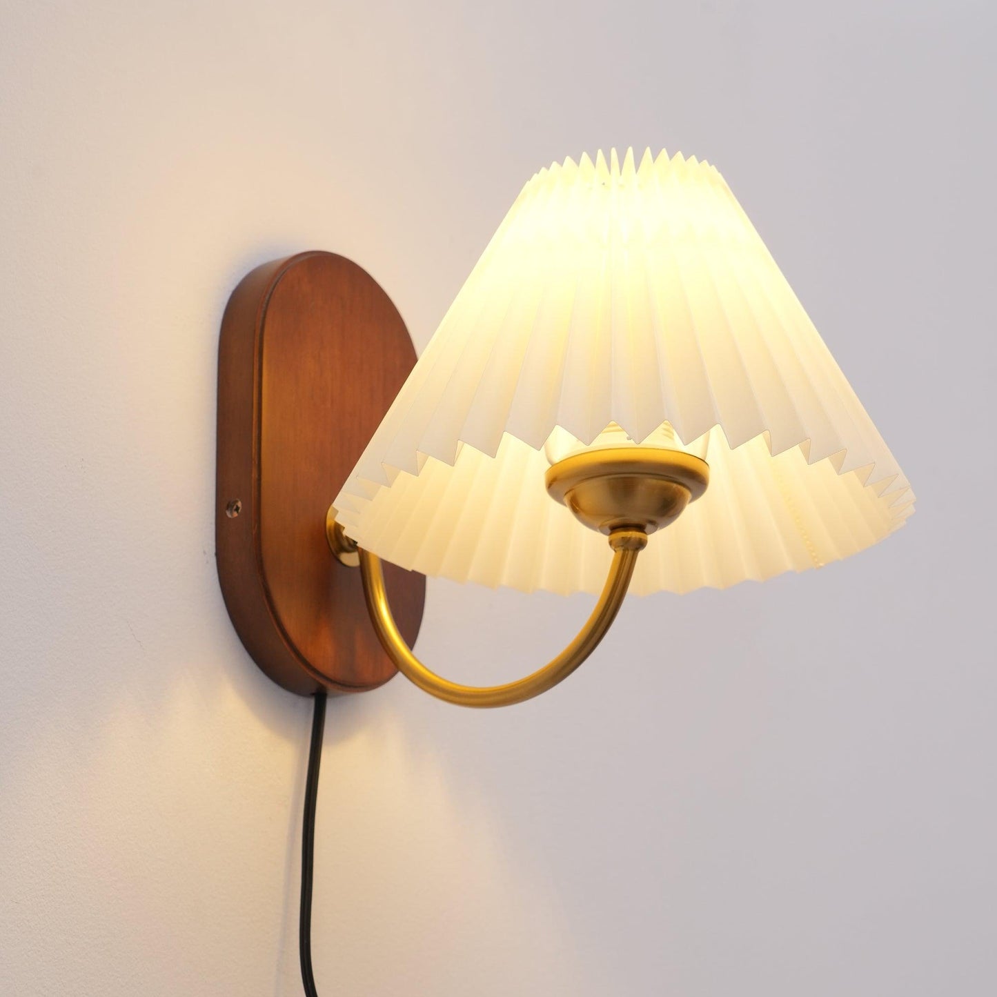 Louise Plug-In Wall Lamp with Walnut Base and Pleated Fabric Shade