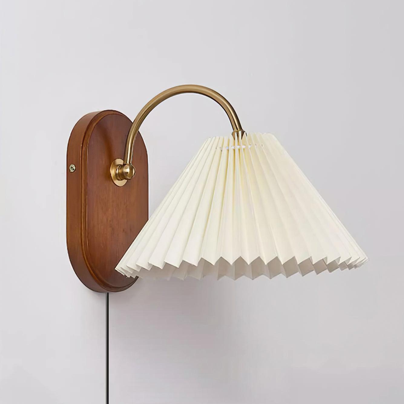 Louise Plug-In Wall Lamp with Walnut Base and Pleated Fabric Shade