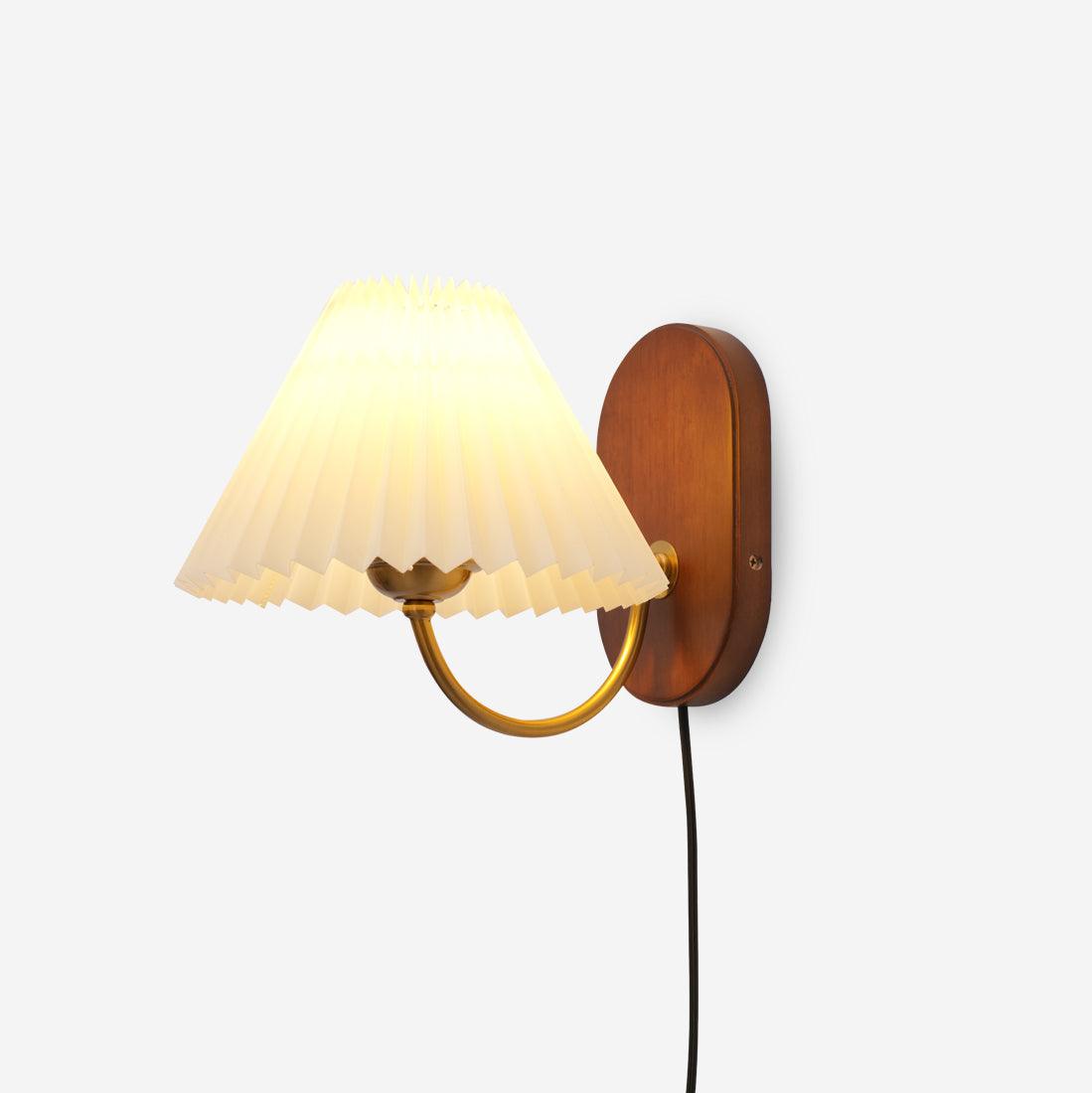 Louise Plug-In Wall Lamp with Walnut Base and Pleated Fabric Shade