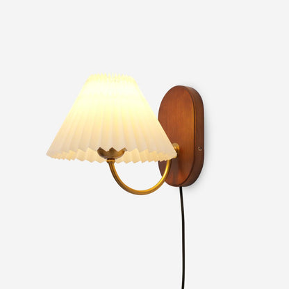 Louise Plug-In Wall Lamp with Walnut Base and Pleated Fabric Shade