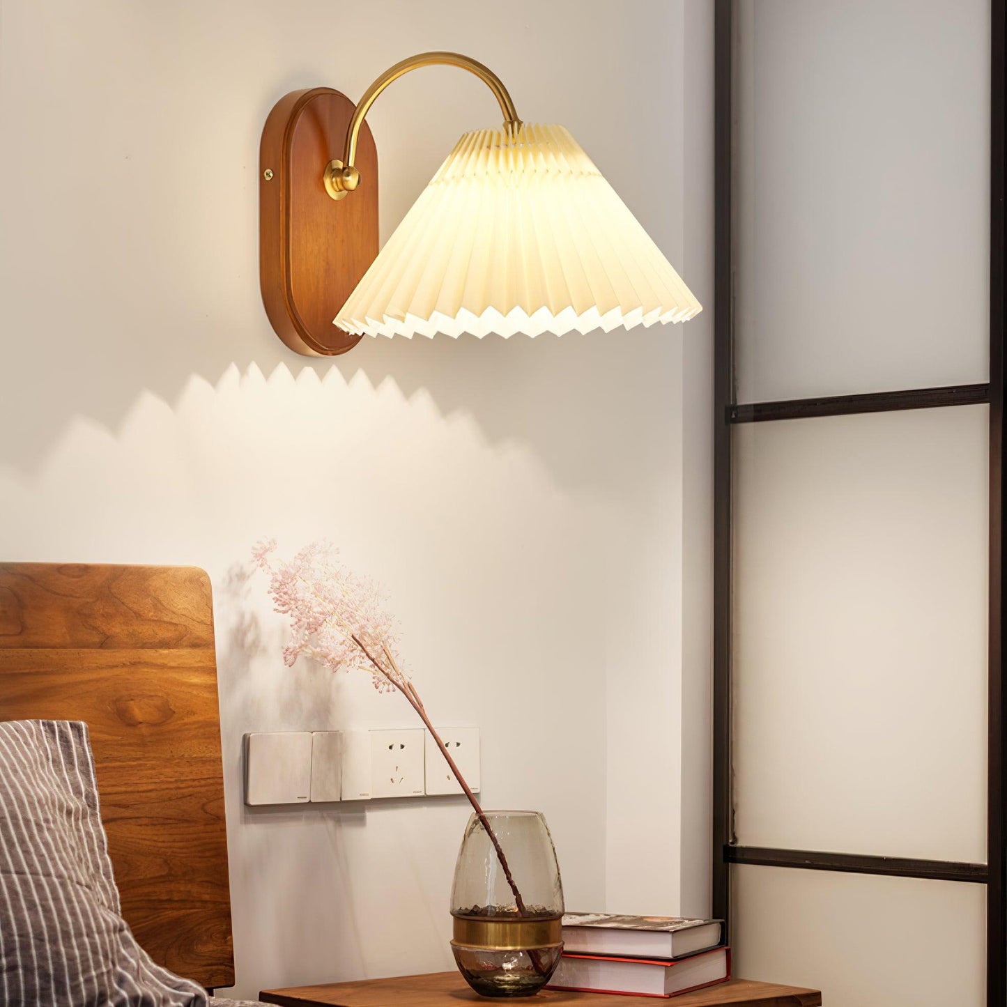 Louise Plug-In Wall Lamp with Walnut Base and Pleated Fabric Shade
