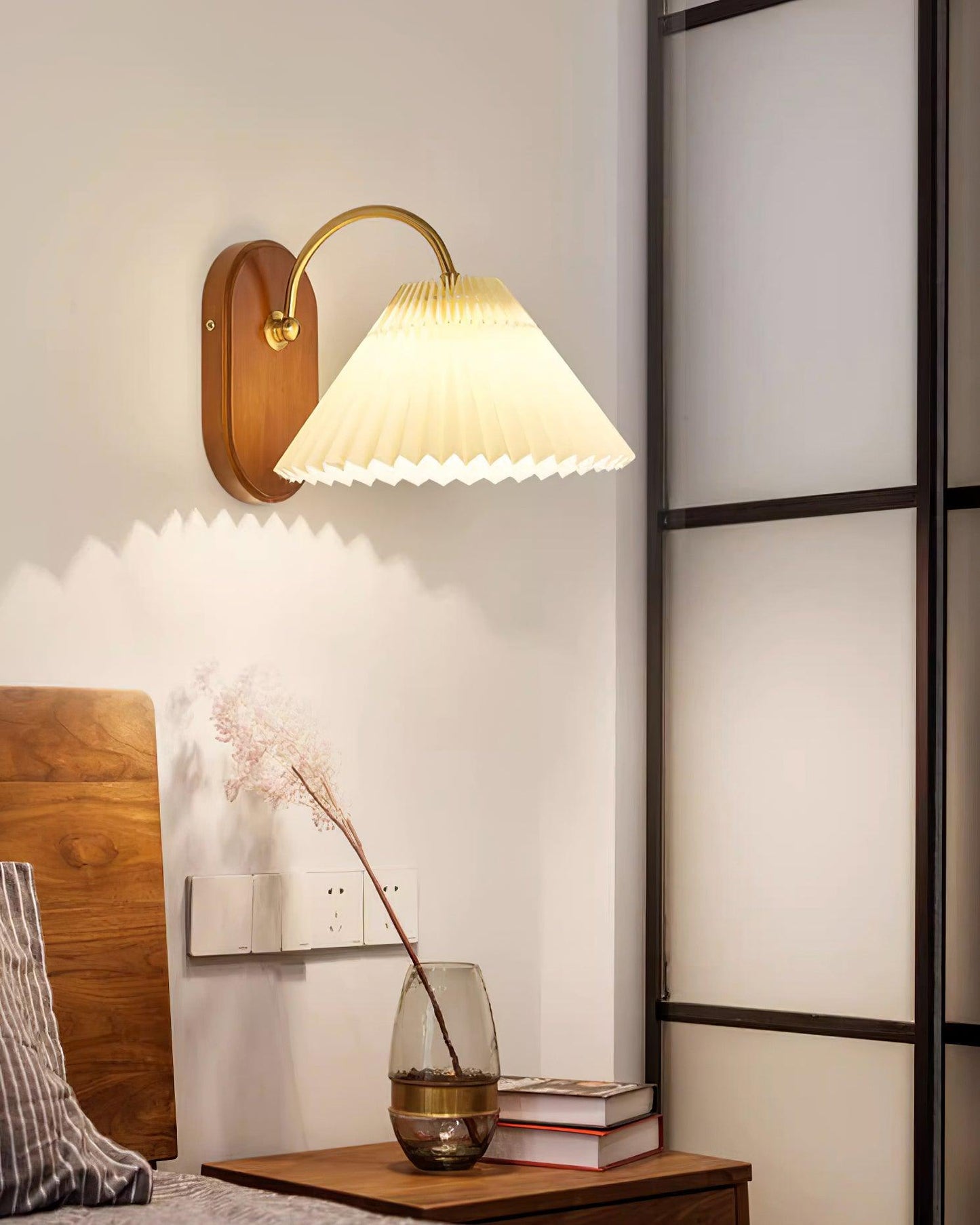 Louise Plug-In Wall Lamp with Walnut Base and Pleated Fabric Shade