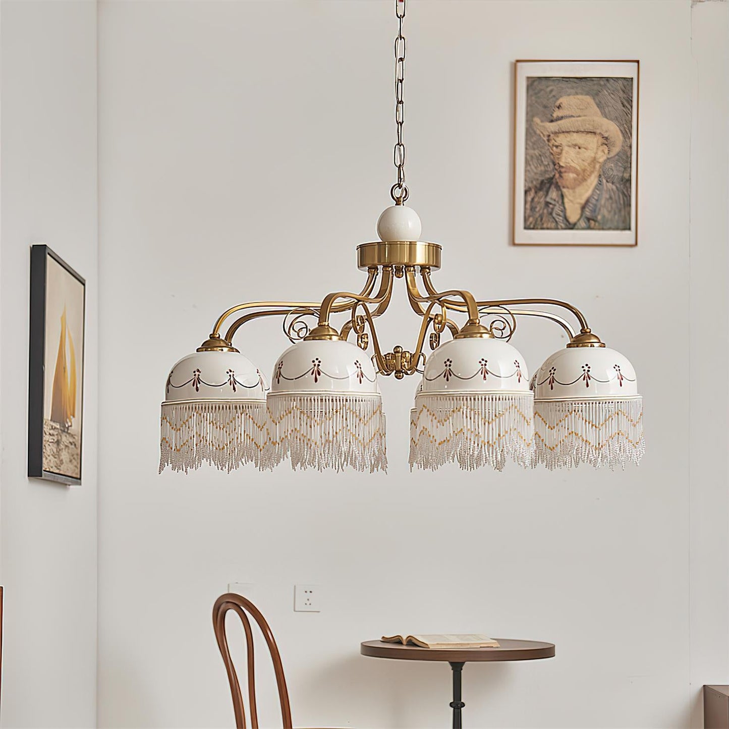Colette Vintage Chandelier, Beaded Glass Shades with Metal Frame