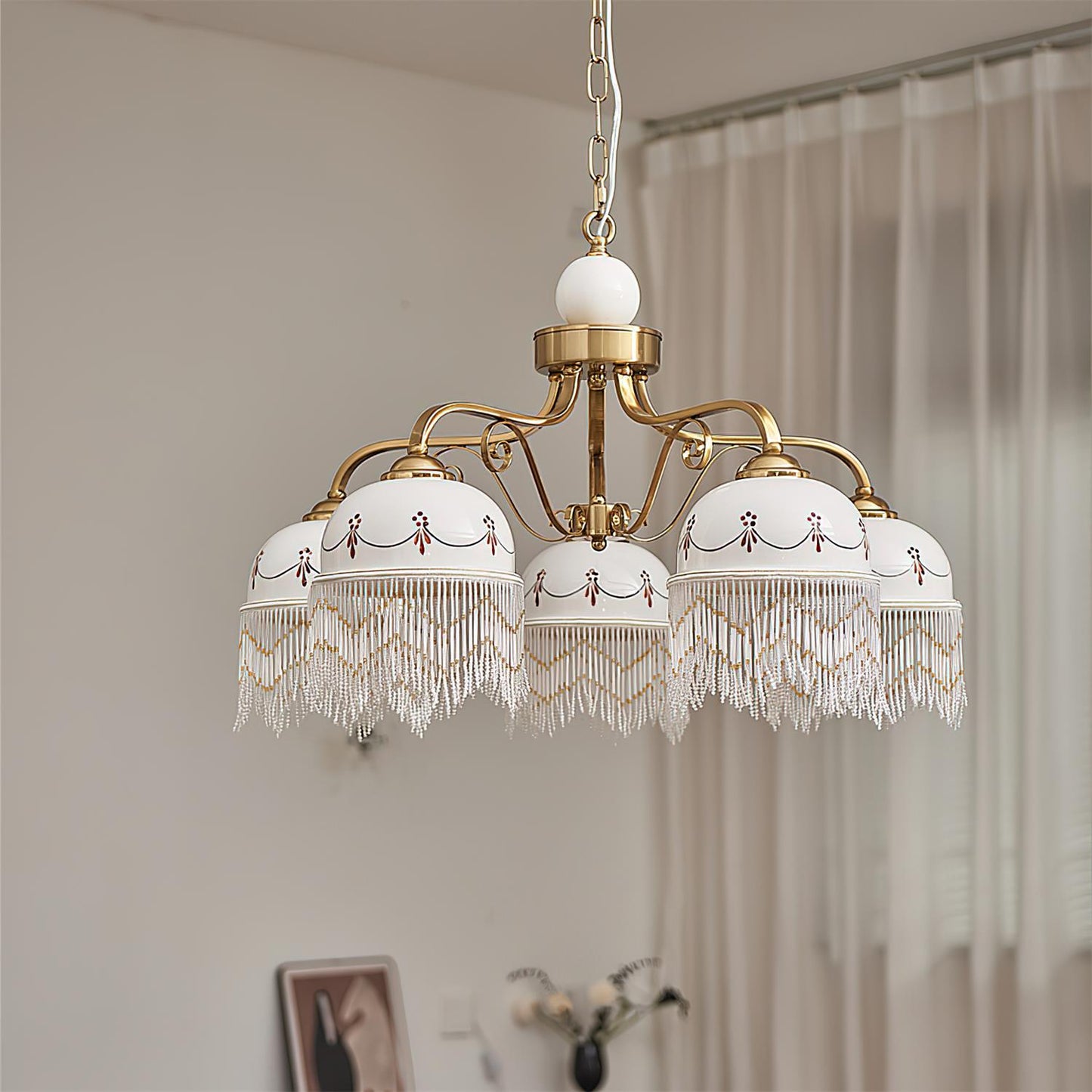 Colette Vintage Chandelier, Beaded Glass Shades with Metal Frame