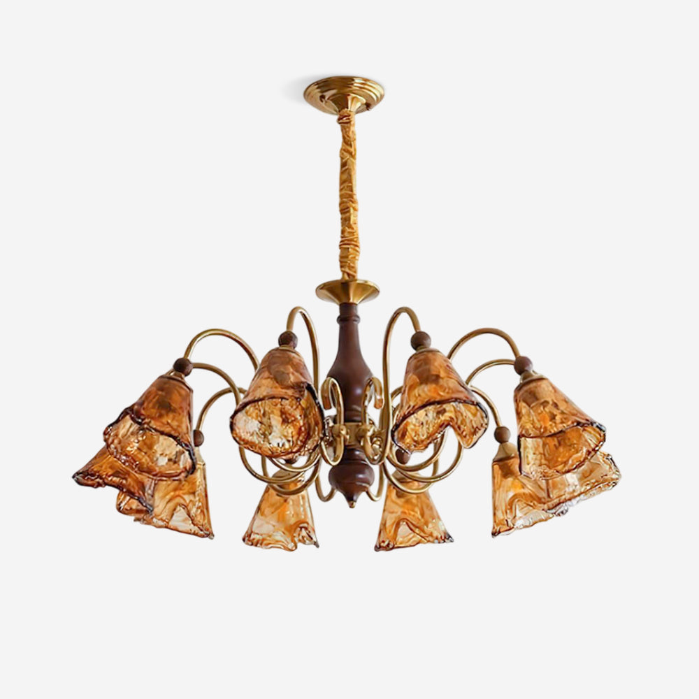 Aurélie Petal Chandelier, Amber Glass Shades with Curved Brass Arms