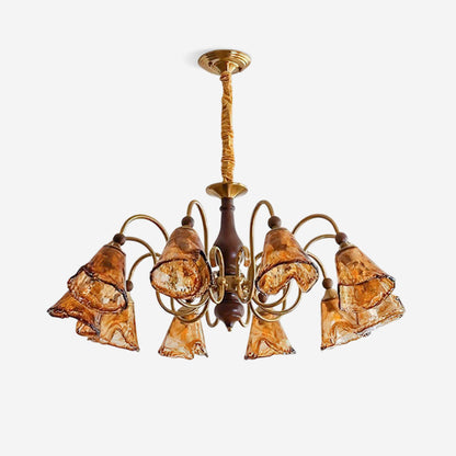 Aurélie Petal Chandelier, Amber Glass Shades with Curved Brass Arms