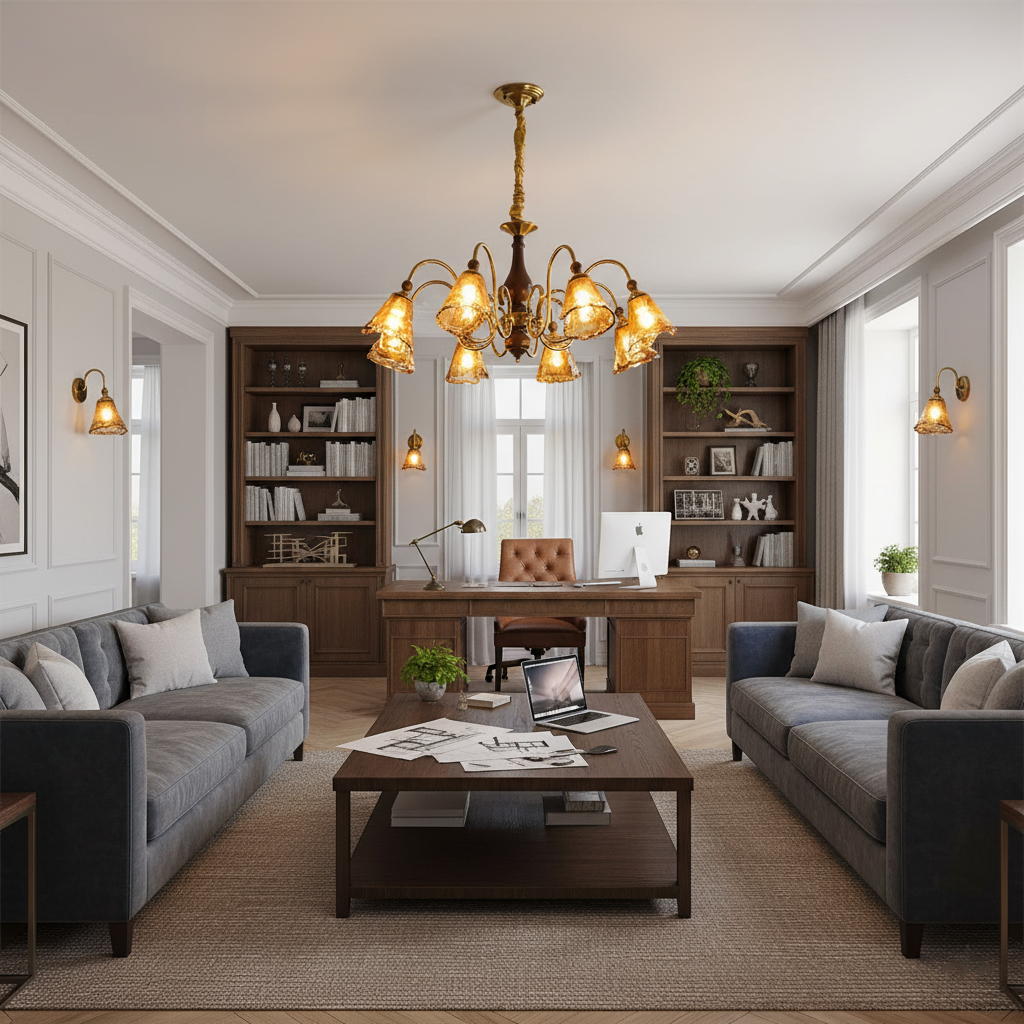 Aurélie Petal Chandelier, Amber Glass Shades with Curved Brass Arms
