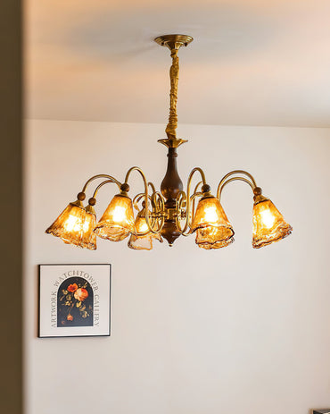 Aurélie Petal Chandelier, Amber Glass Shades with Curved Brass Arms