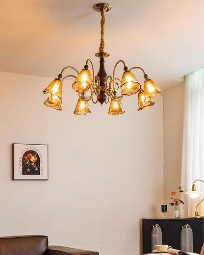 Aurélie Petal Chandelier, Amber Glass Shades with Curved Brass Arms
