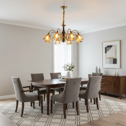 Aurélie Petal Chandelier, Amber Glass Shades with Curved Brass Arms