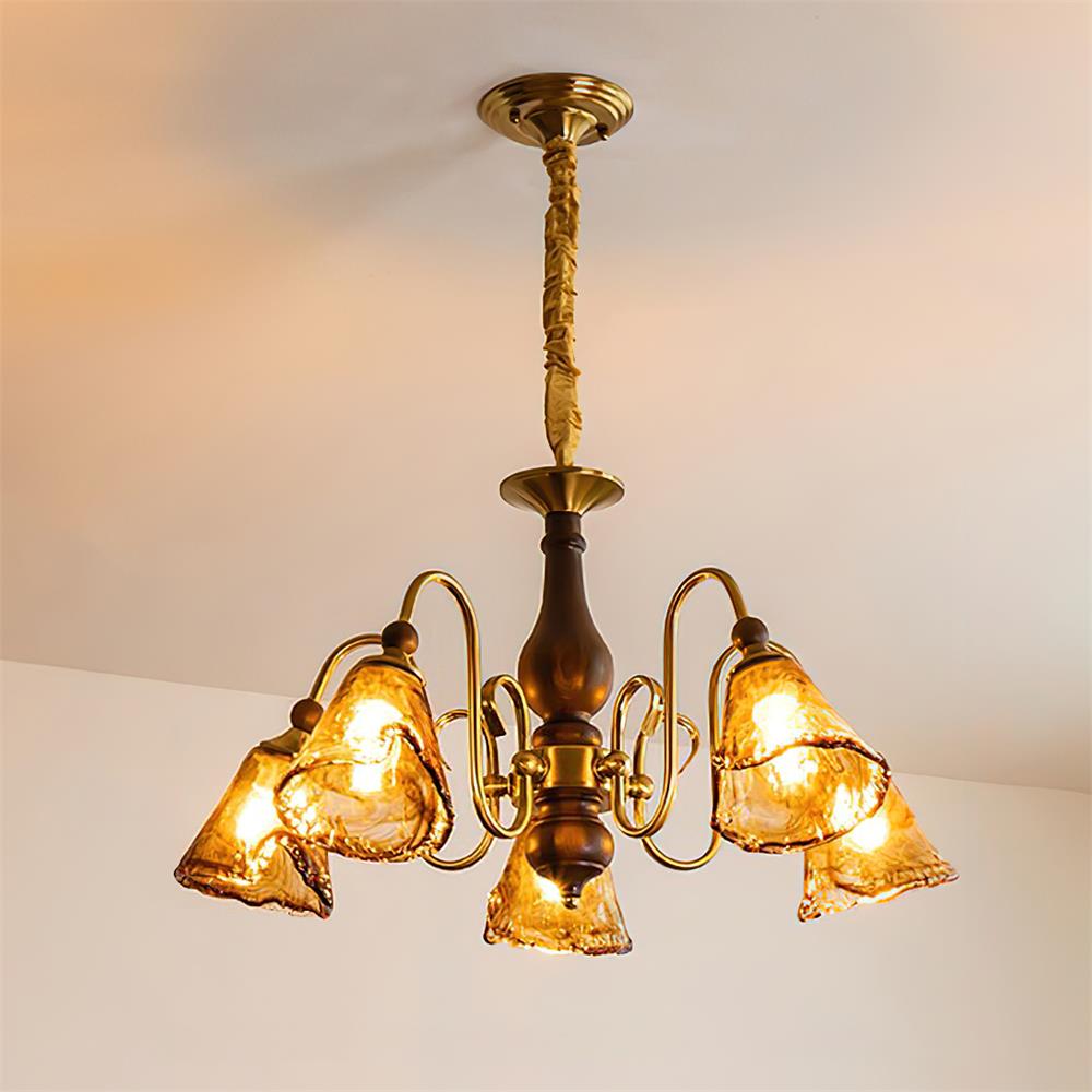 Aurélie Petal Chandelier, Amber Glass Shades with Curved Brass Arms