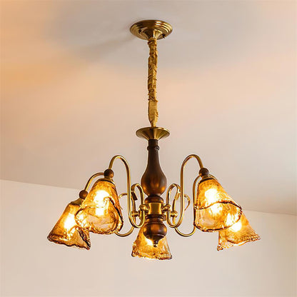 Aurélie Petal Chandelier, Amber Glass Shades with Curved Brass Arms