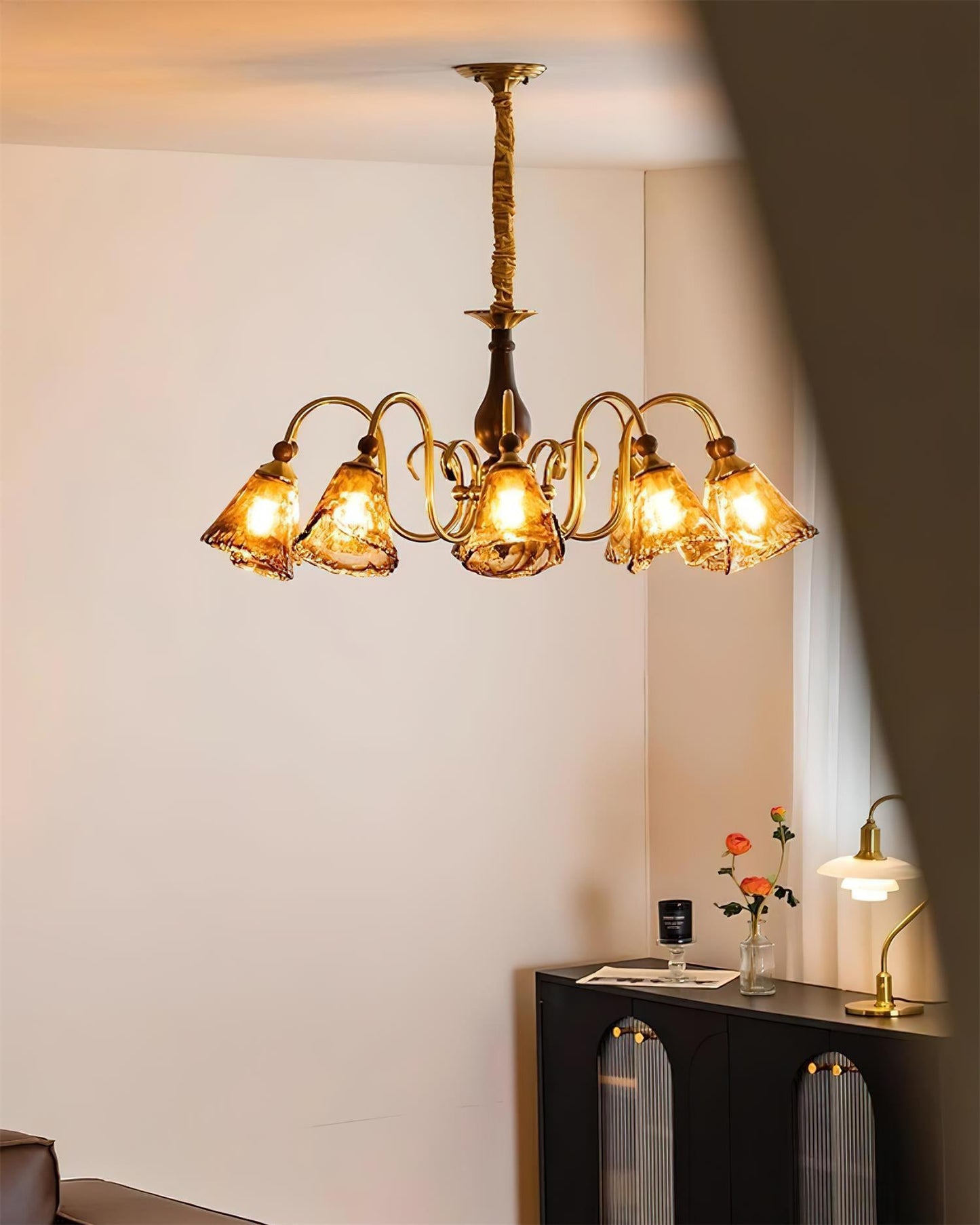 Aurélie Petal Chandelier, Amber Glass Shades with Curved Brass Arms
