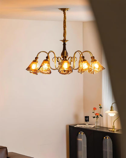 Aurélie Petal Chandelier, Amber Glass Shades with Curved Brass Arms