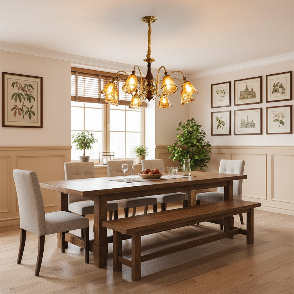 Aurélie Petal Chandelier, Amber Glass Shades with Curved Brass Arms