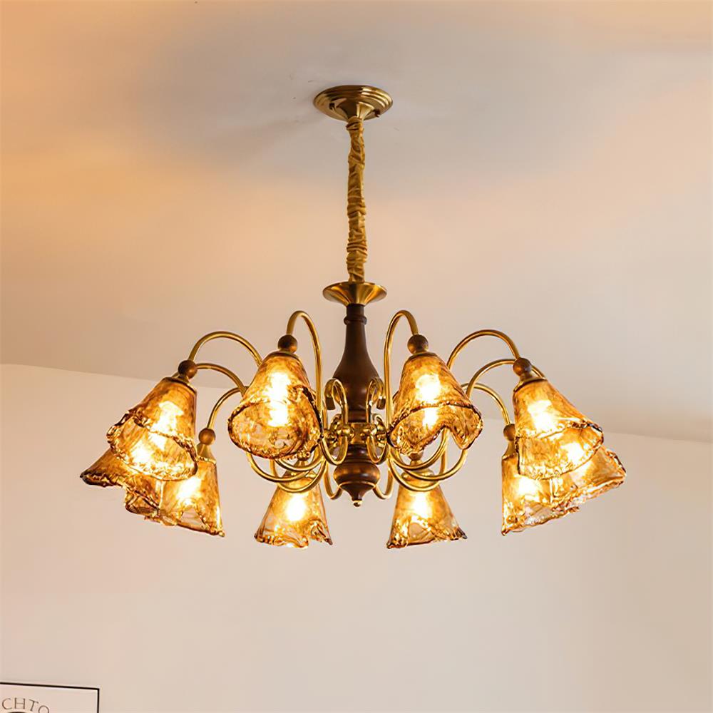 Aurélie Petal Chandelier, Amber Glass Shades with Curved Brass Arms