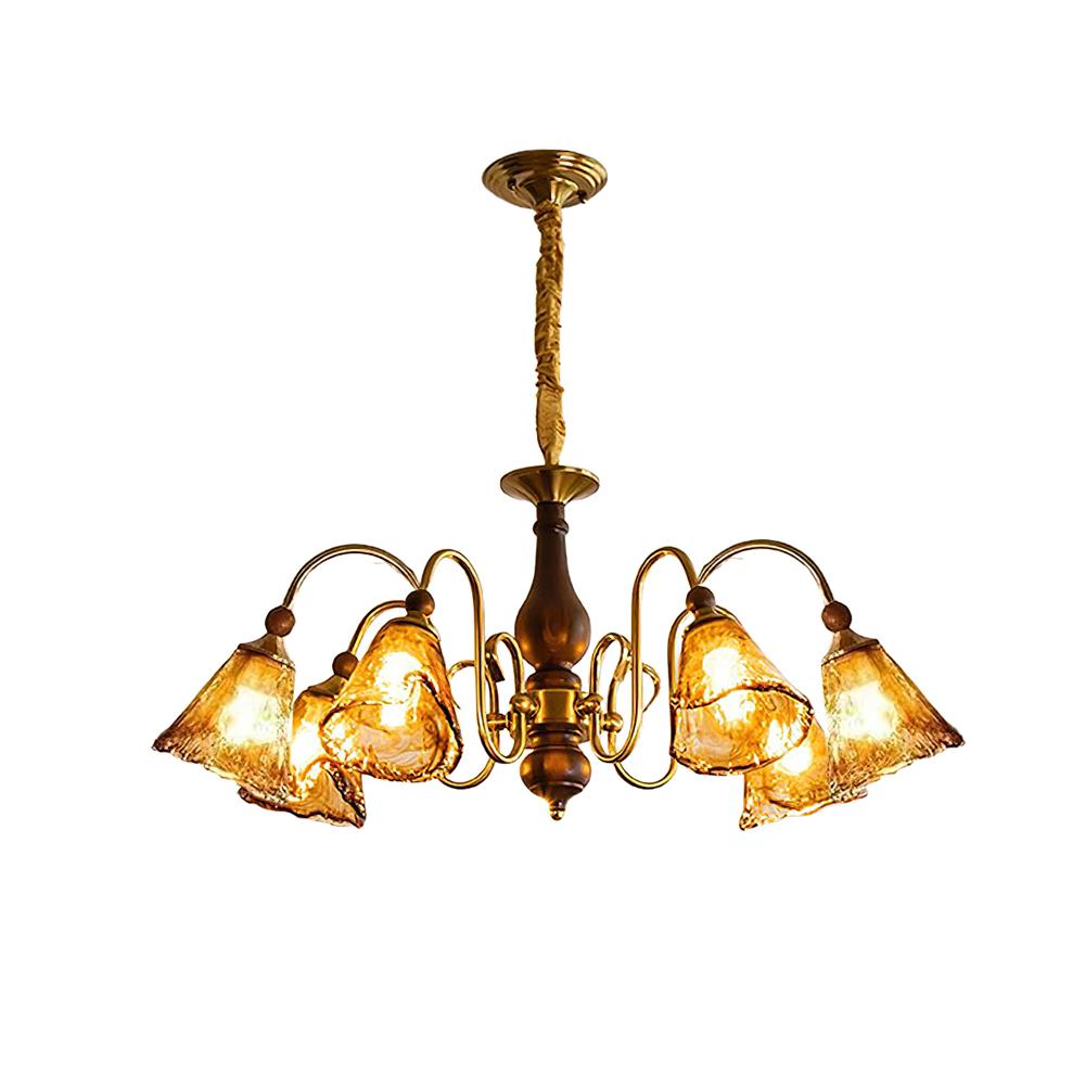 Aurélie Petal Chandelier, Amber Glass Shades with Curved Brass Arms