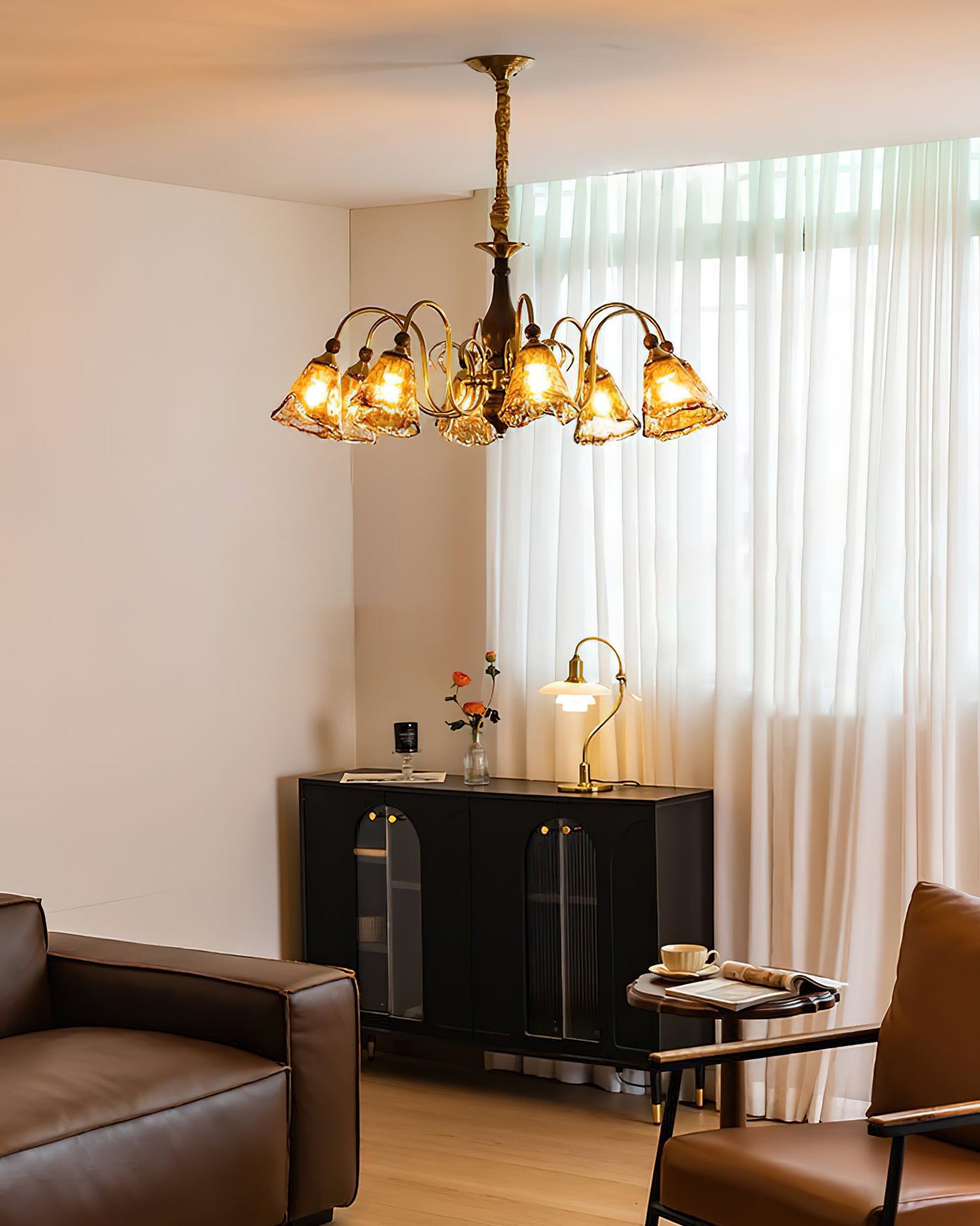 Aurélie Petal Chandelier, Amber Glass Shades with Curved Brass Arms