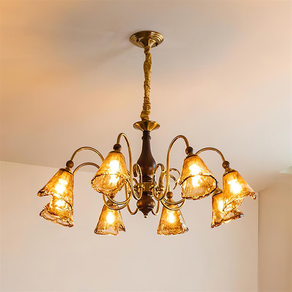 Aurélie Petal Chandelier, Amber Glass Shades with Curved Brass Arms