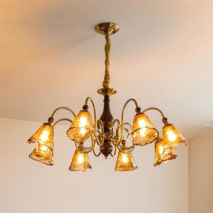 Aurélie Petal Chandelier, Amber Glass Shades with Curved Brass Arms