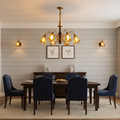 Aurélie Petal Chandelier, Amber Glass Shades with Curved Brass Arms