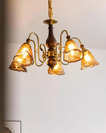 Aurélie Petal Chandelier, Amber Glass Shades with Curved Brass Arms