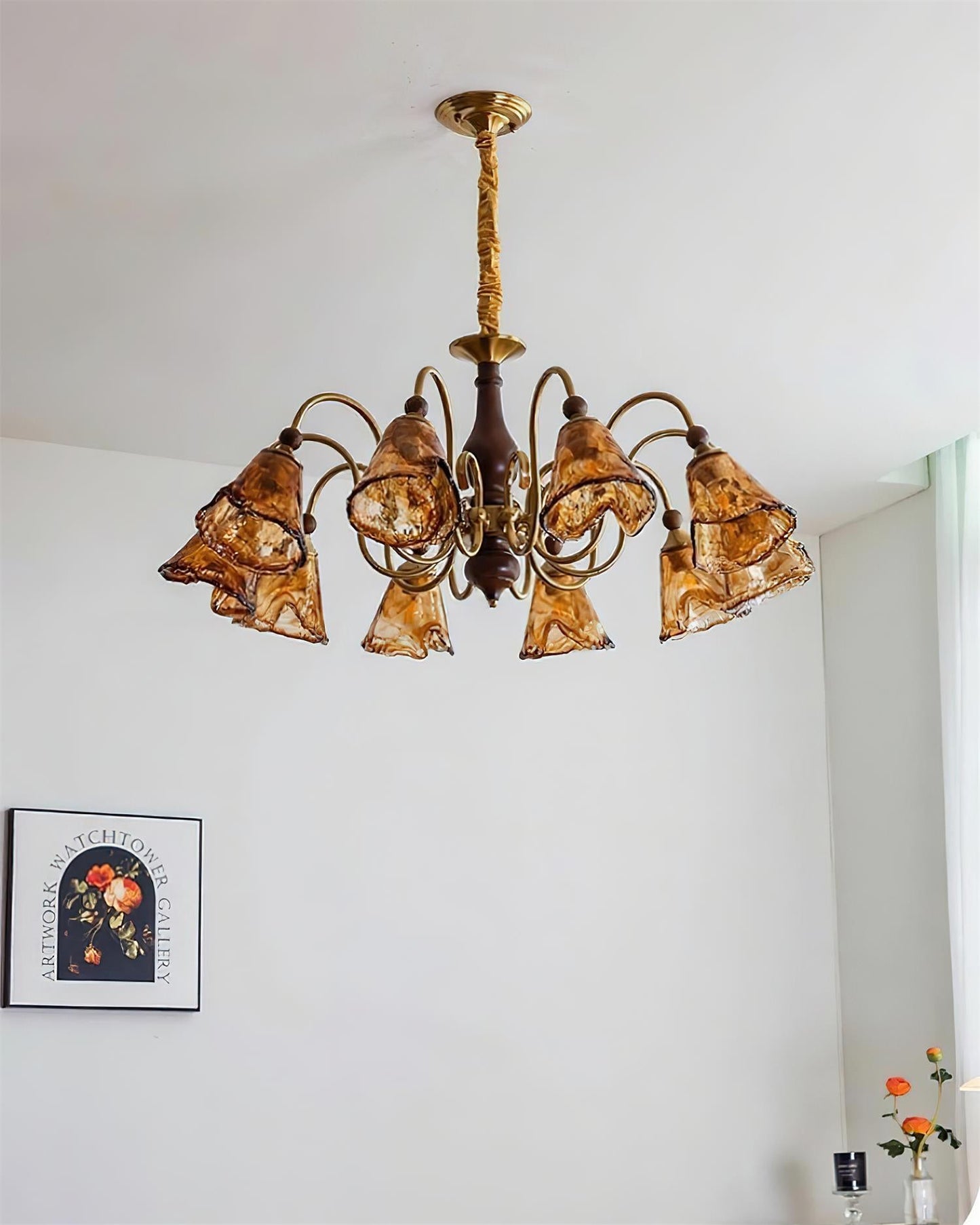 Aurélie Petal Chandelier, Amber Glass Shades with Curved Brass Arms