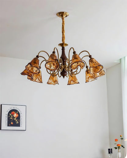 Aurélie Petal Chandelier, Amber Glass Shades with Curved Brass Arms