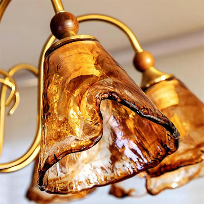 Aurélie Petal Chandelier, Amber Glass Shades with Curved Brass Arms