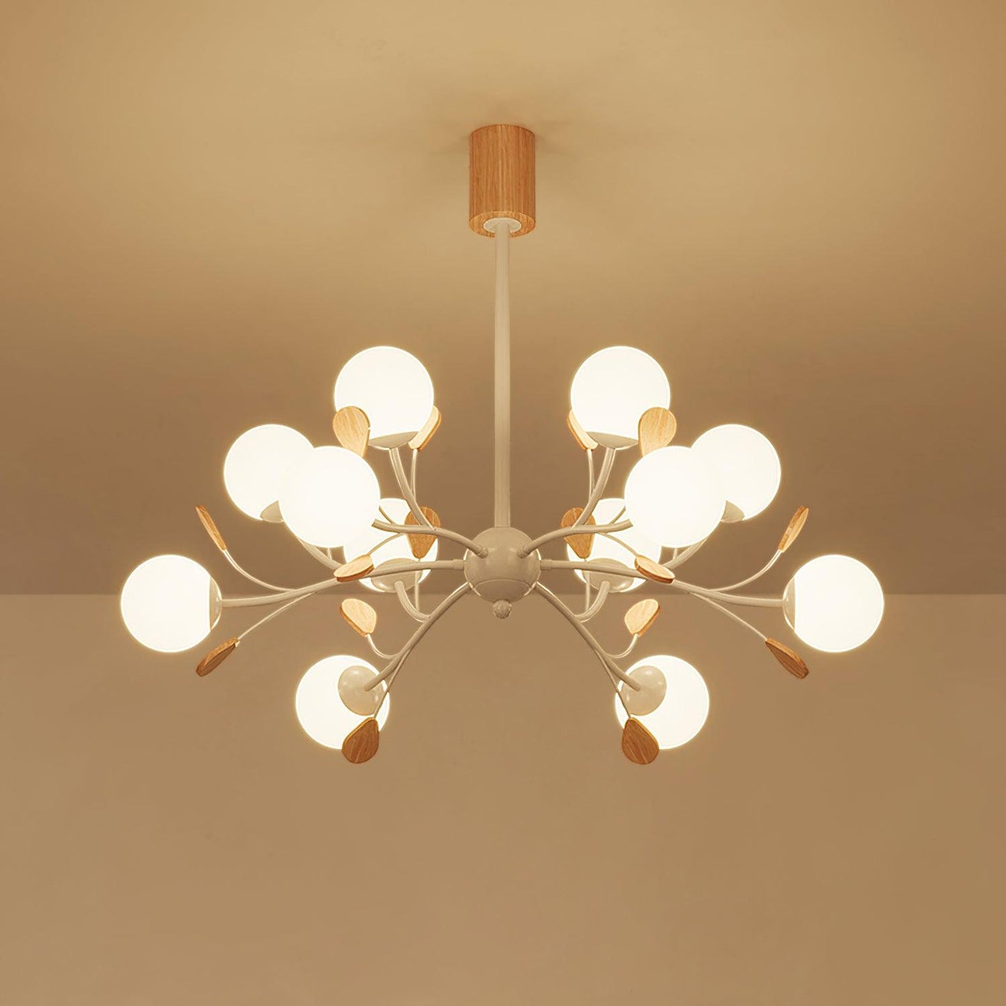 Anaïs Wood Chandelier, Frosted Glass Shades with Metal Frame