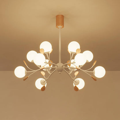 Anaïs Wood Chandelier, Frosted Glass Shades with Metal Frame