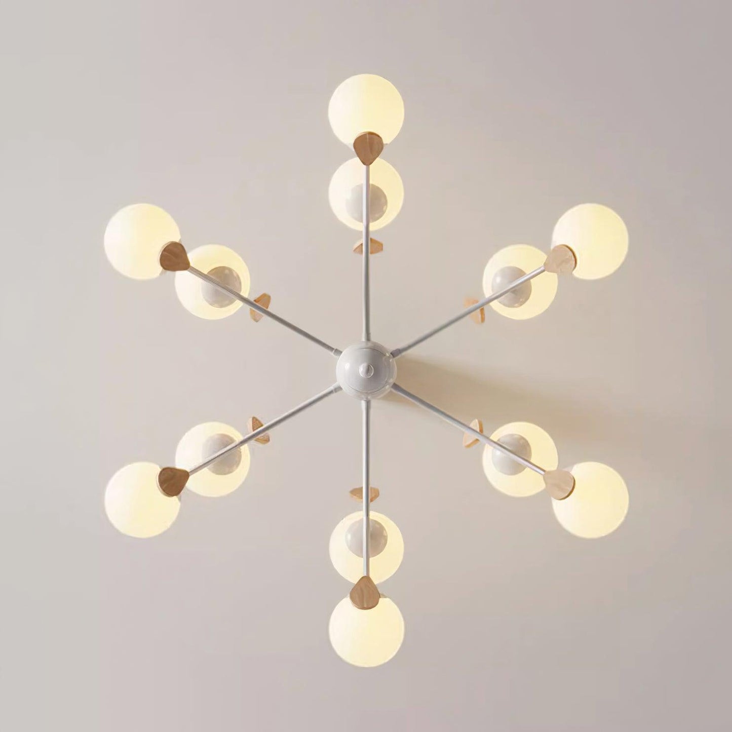 Anaïs Wood Chandelier, Frosted Glass Shades with Metal Frame